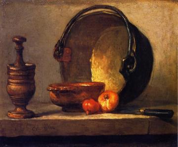 Pestle and Mortar, Bowl, Two Onions, Copper Pot and Kettle Artwork by Jean-Baptiste-Simeon Chardin