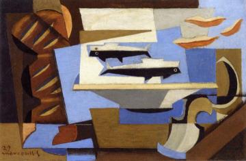 Breton Bread, Two Fish, Spoon Artwork by Louis Marcoussis