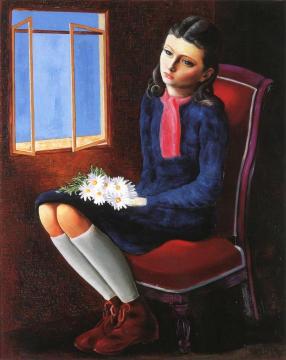 Girl Seated with Daisies Artwork by Moise Kisling