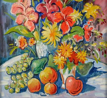 Still Life with Flowers and Fruit Artwork by Franz Heckendorf