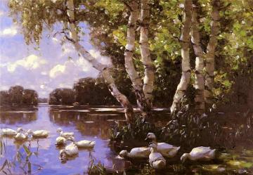 Eleven ducks under the birch in the water Artwork by Alexander Koester