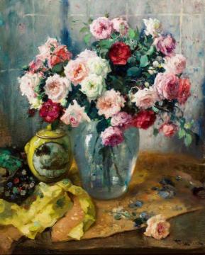Still Life With Roses And Porcelain Artwork by Fernand Toussaint