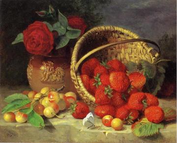 A Basket Of Strawberries, Cherries, A Butterfly And Red Roses In A Vase On A Stone Ledge Artwork by Eloise Harriet Stannard