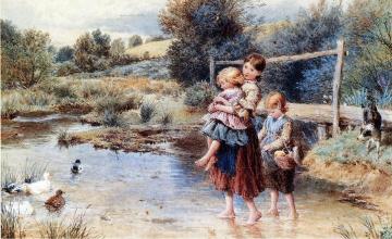 Children Paddling in a Stream Artwork by Myles Birket Foster