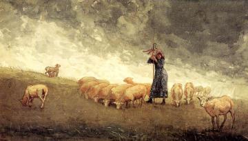 Shepherdess Tending Sheep Artwork by Winslow Homer