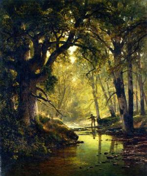 Angler In A Forest Interior Artwork by Thomas Hill