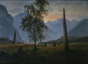 Landscape with memorial stones Artwork by Johan Christian Dahl