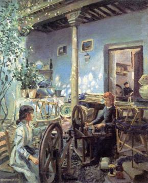 Spanish Girls Spinning Artwork by Wilfred Gabriel De Glehn
