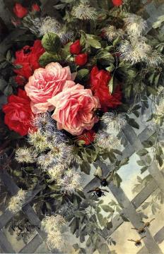 Roses La France And Jack Noses With Clematis On A Latice Work, No. 36 Artwork by Paul De Longpre