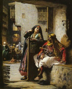 Almeh Flirting With An Armenian Policeman in Cairo Artwork by Frederick Arthur Bridgman