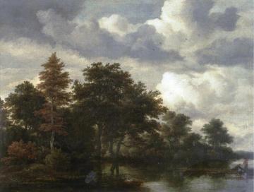 A wooded landscape with figures by a river Artwork by Jacob van Ruisdael