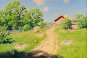 House with flowering trees Artwork by Johan Krouthén