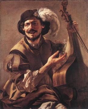 A Laughing Bravo With A Bass Viol And A Glass Artwork by Hendrick Terbrugghen