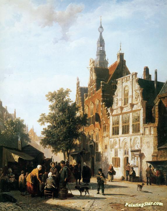 Marketview with cityhall Woerden Artwork by Cornelius Springer