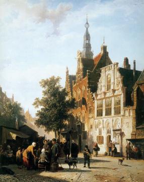 Marketview with cityhall Woerden Artwork by Cornelius Springer