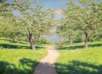 Woman on the bench in the spring garden Artwork by Johan Krouthén