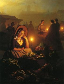 A Young Girl Selling Vegetables at the Night Market, with the Dam Palace and the Nieuwe Kerk in the Distance, Amsterdam Artwork by Petrus van Schendel