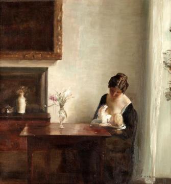 Interior with woman and child Artwork by Carl Vilhelm Holsoe