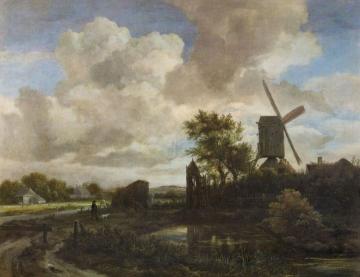 Evening Landscape:  A Windmill by a Stream Artwork by Jacob van Ruisdael