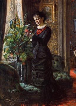 Portrait of Fru Lisen Samson, nee Hirsch, Arranging Flowers at a Window Artwork by Anders Zorn