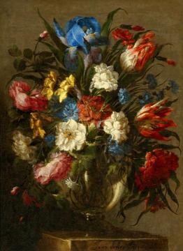 Still Life of Tulips, Roses, Peonies, Iris and other Flowers in a Glass Vase Artwork by Juan de Arellano