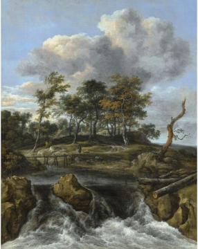 A River Landscape with a Man crossing a Bridge above a Waterfall Artwork by Jacob van Ruisdael