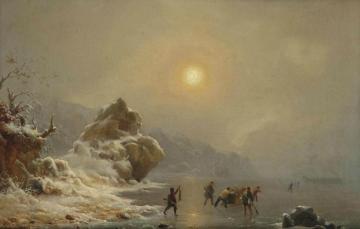 A Winter Landscape with Hunters on the Ice Artwork by Andreas Achenbach