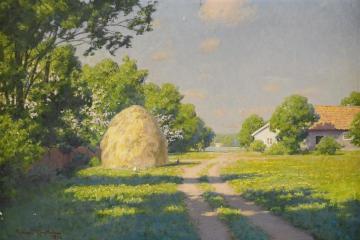 Summer landscape with haystack Artwork by Johan Krouthén