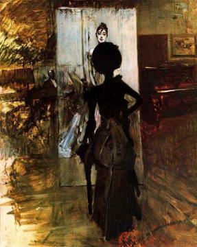 Woman in Black Looking at the Portrait of Signora Emiliana Concha de ossa Artwork by Giovanni Boldini