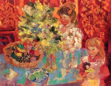 Interior with Flowers, Woman and Girl Artwork by Emilio Grau Sala