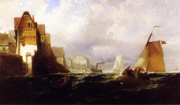 Boats on the Open Sea with Village Artwork by Franklin D. Briscoe