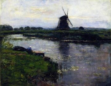 Oostzijdse Mill with Woman at Dock of Landzicht Farm Artwork by Piet Mondrian