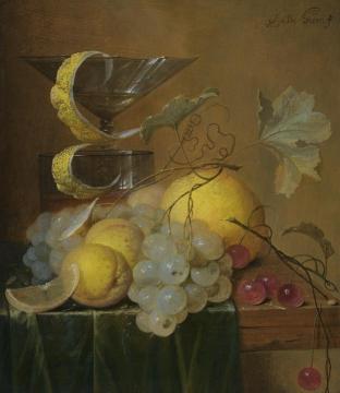 Still Life With A Wine Glass, Lemon Peel, Peaches, Grapes And Cherries Artwork by Jan Davidsz De Heem