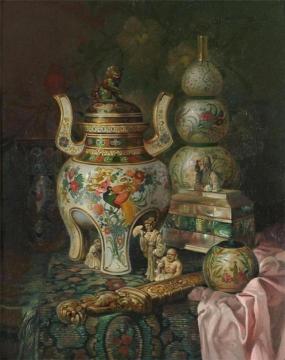 Still Life with Oriental Ceramics on a Draped Table Artwork by Ludwig Augustin
