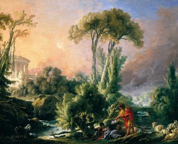 Paysage fluvial avec temple antique Artwork by Francois Boucher