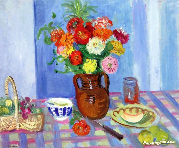Breakfast with a Bouquet of Flowers and Basket of Grapes Artwork by Charles Camoin