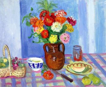 Breakfast with a Bouquet of Flowers and Basket of Grapes Artwork by Charles Camoin
