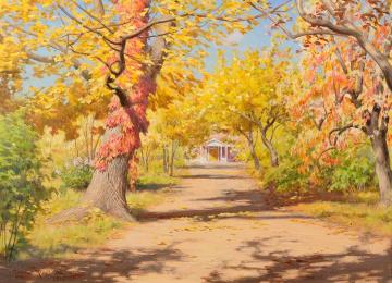 House behind the autumn trees Artwork by Johan Krouthén