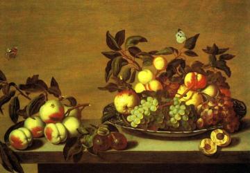 Sill life of fruit on and around a Wanli platter on a table Artwork by Bartholomeus Assteyn
