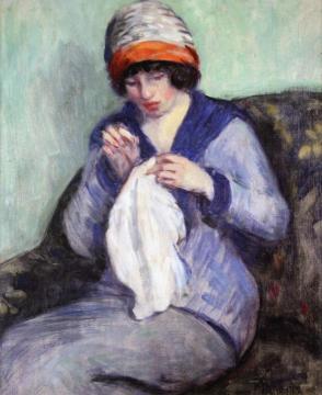 Girl Sewing Artwork by Lucien Abrams