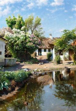 Spring day at a thatched house with blooming lilacs Artwork by Peder Mork Monsted