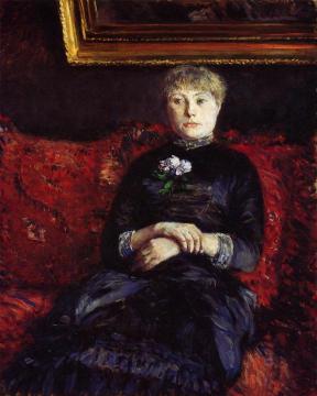 Woman Sitting on a Red-Flowered Sofa Artwork by Gustave Caillebotte