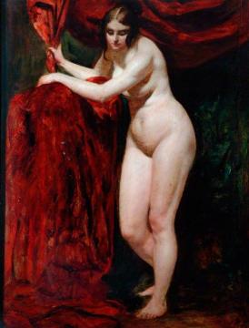 Nude Woman, Holding Red Drapery Artwork by William Etty