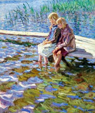 Two Girls on a Footbridge Artwork by Nikolai Petrovich Bogdanov-belsky