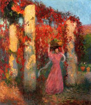 Jeune femme portant une corbeille sur la tête devant une pergola de vigne-verge rouge Artwork by Henri Martin