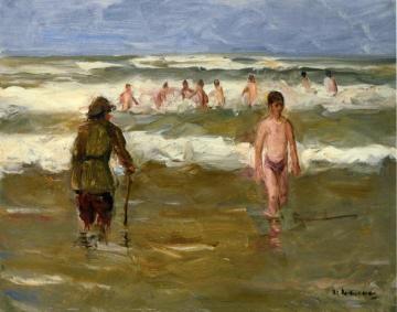 Boys Bathing with Beach Warden Artwork by Max Liebermann