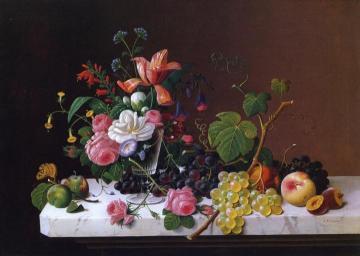 Fruit and Flowers on a Marble Table Ledge Artwork by Severin Roesen