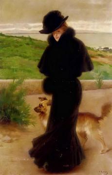 An Elegant Lady With Her Faithful Companion By The Beach Artwork by Vittorio Matteo Corcos