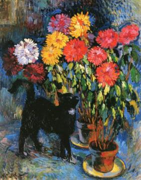 Dahlias And Black Cat Artwork by Nicolas Tarkhoff