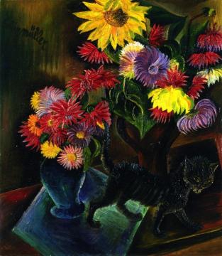 Autumn Flowers And Cat I 'cat Walking' Artwork by Conrad Felixmuller